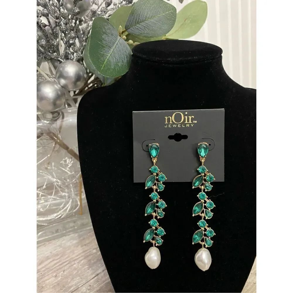 nOir Jewelry Gold Green Drop Rhinestone Pearl Earrings